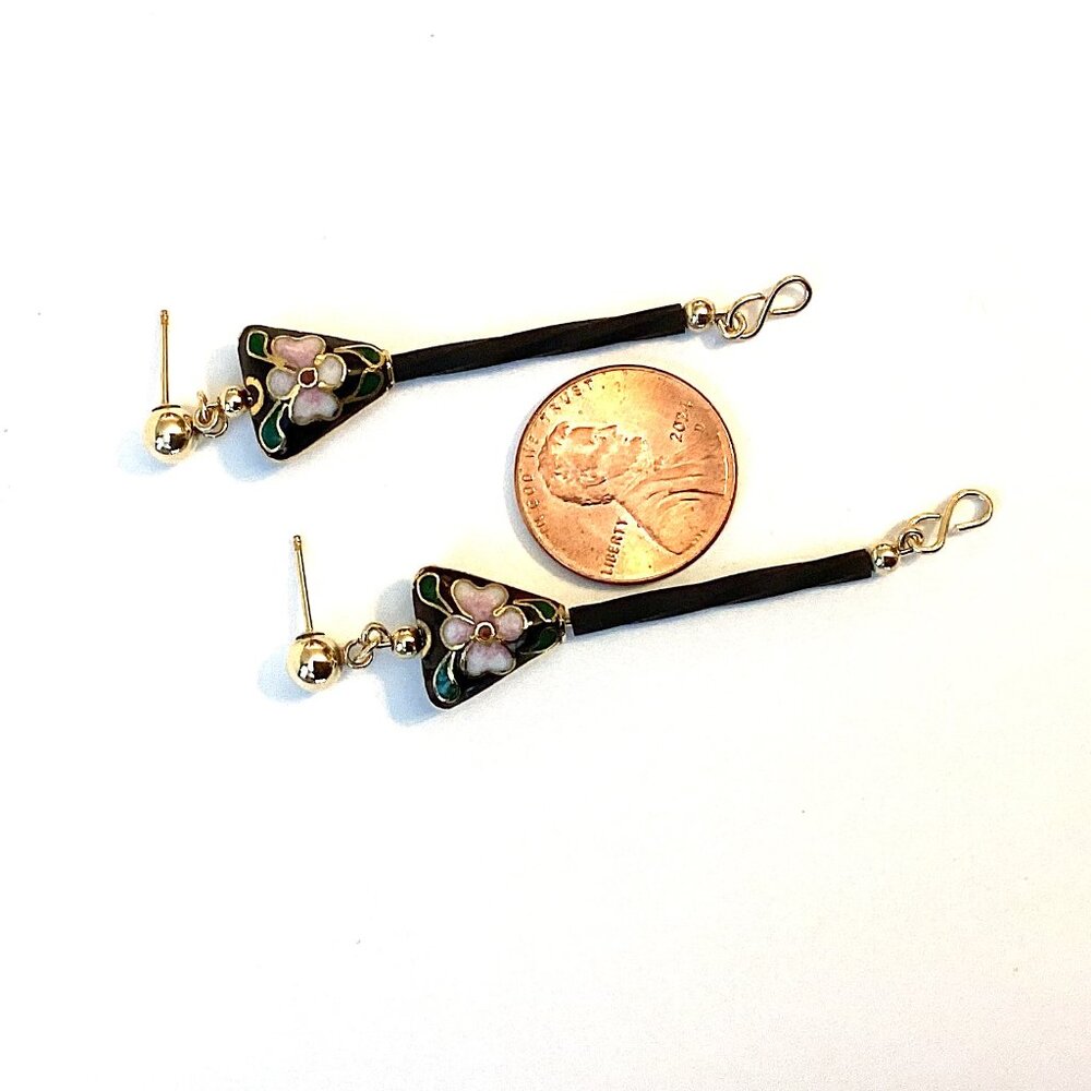Vintage 14k Gold Cloisonne Earrings, Long and Unique Dangle Jewelry, Art Nouveau - Picture 8 of 8
